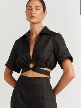 DISSH is Black Cropped Wrap Ring-Front Collared Top